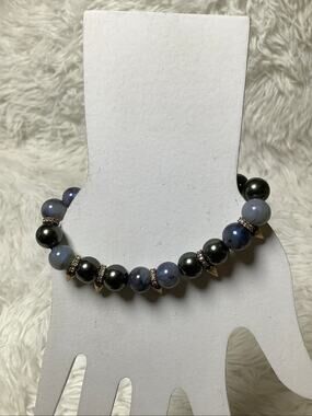 Stella & Dot Navy Gold Renegade Spike Charm Beaded Stretch Bracelet Edgy A1-43